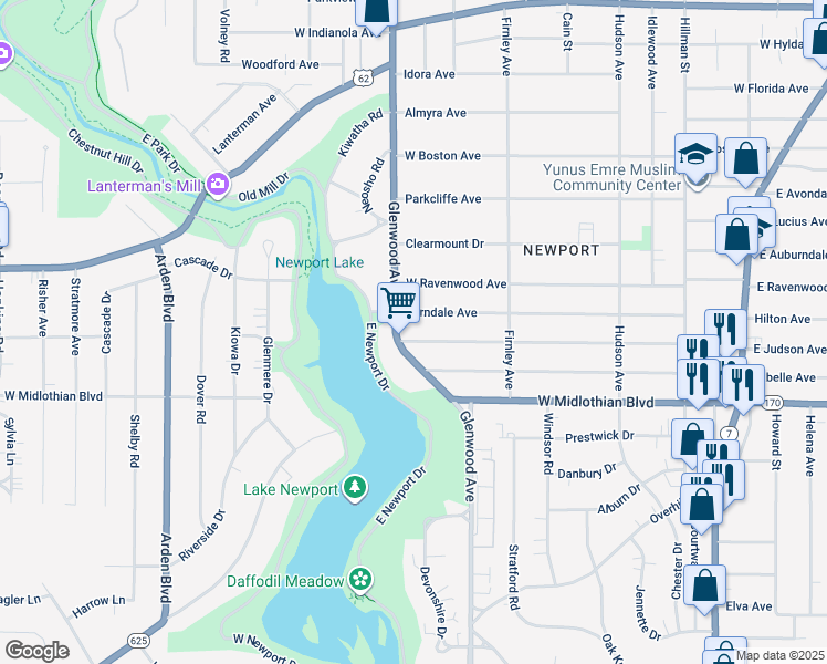 map of restaurants, bars, coffee shops, grocery stores, and more near 3711 Glenwood Avenue in Youngstown