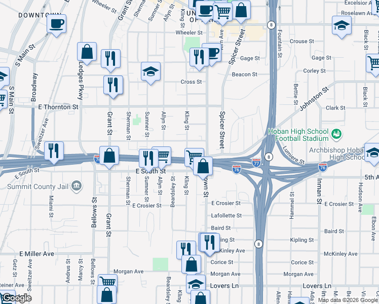 map of restaurants, bars, coffee shops, grocery stores, and more near 718 Kling Street in Akron