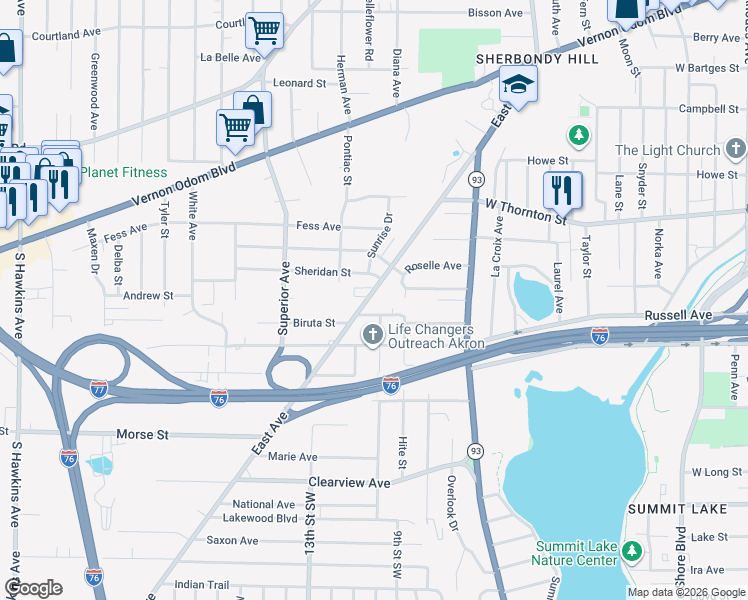 map of restaurants, bars, coffee shops, grocery stores, and more near 734 Fultz Street in Akron