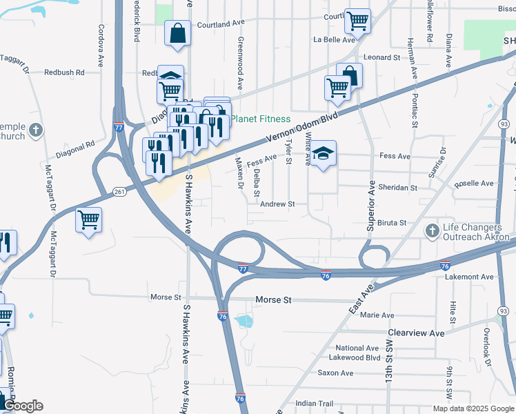 map of restaurants, bars, coffee shops, grocery stores, and more near 1039 Biruta Street in Akron