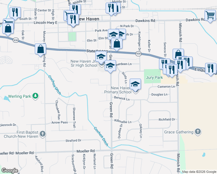 map of restaurants, bars, coffee shops, grocery stores, and more near 1446-1452 Green Rd in New Haven