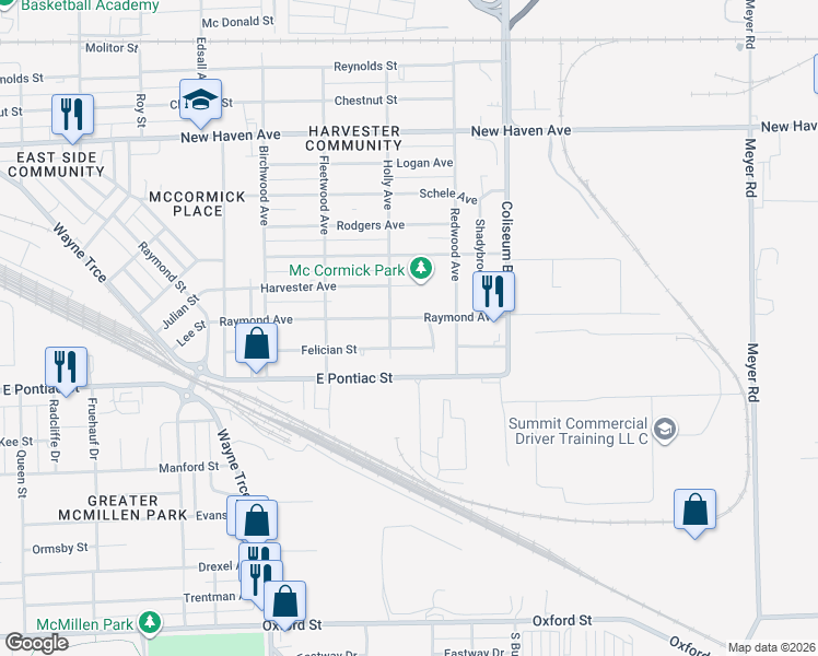 map of restaurants, bars, coffee shops, grocery stores, and more near 3601 Felician Street in Fort Wayne