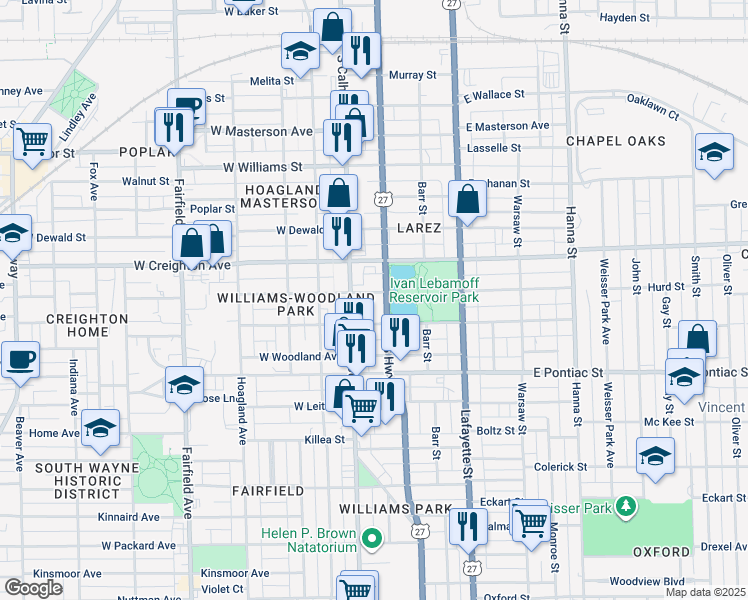 map of restaurants, bars, coffee shops, grocery stores, and more near 121 East Suttenfield Street in Fort Wayne