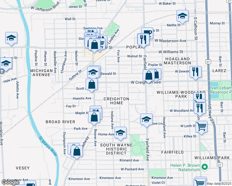 map of restaurants, bars, coffee shops, grocery stores, and more near in Fort Wayne