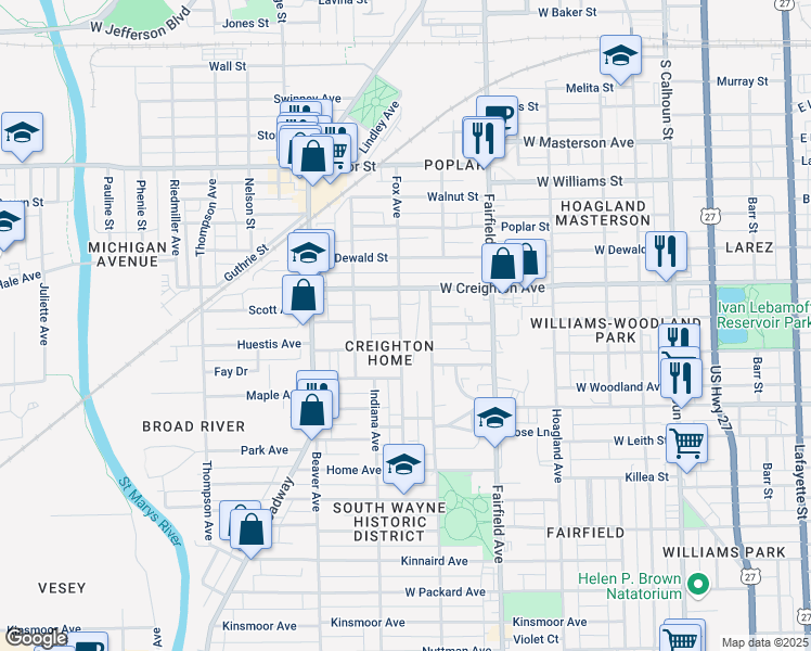 map of restaurants, bars, coffee shops, grocery stores, and more near 2411 Fox Avenue in Fort Wayne