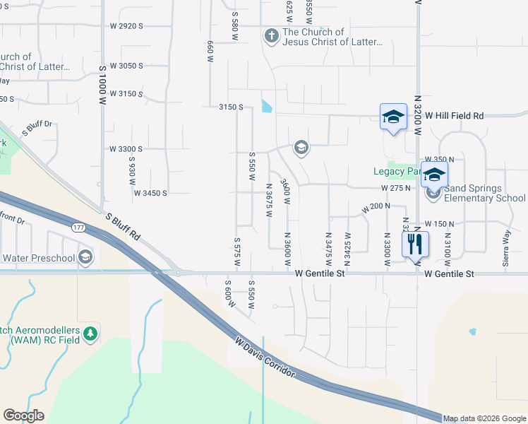 map of restaurants, bars, coffee shops, grocery stores, and more near 150 North 3675 West in Layton
