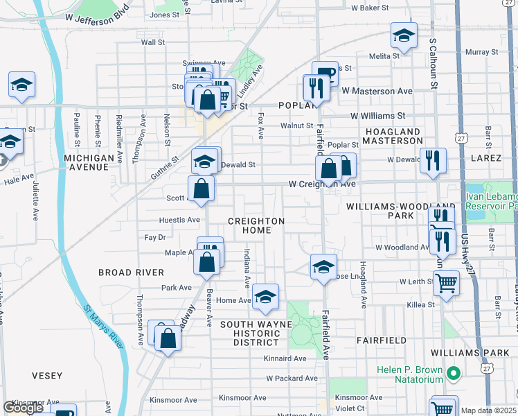 map of restaurants, bars, coffee shops, grocery stores, and more near 805 Belle Avenue in Fort Wayne