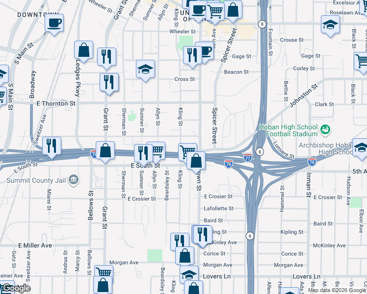 map of restaurants, bars, coffee shops, grocery stores, and more near 718 Kling Street in Akron