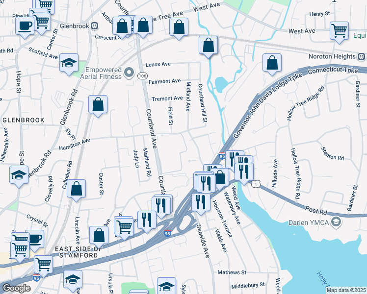 map of restaurants, bars, coffee shops, grocery stores, and more near 249 Hamilton Avenue in Stamford