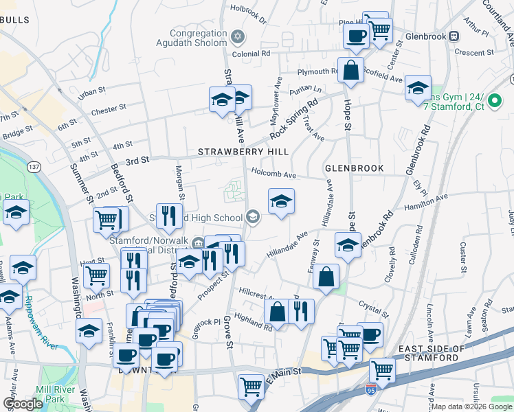 map of restaurants, bars, coffee shops, grocery stores, and more near 71 Strawberry Hill Avenue in Stamford