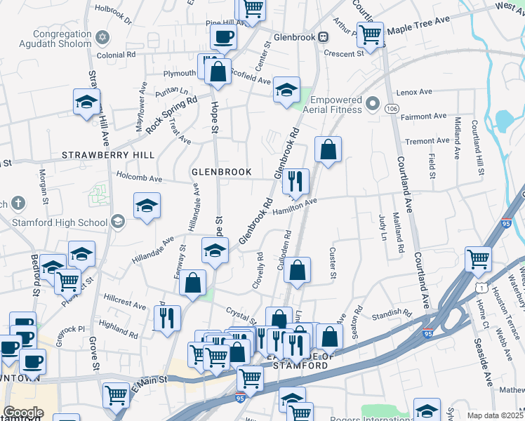 map of restaurants, bars, coffee shops, grocery stores, and more near 262 Glenbrook Road in Stamford