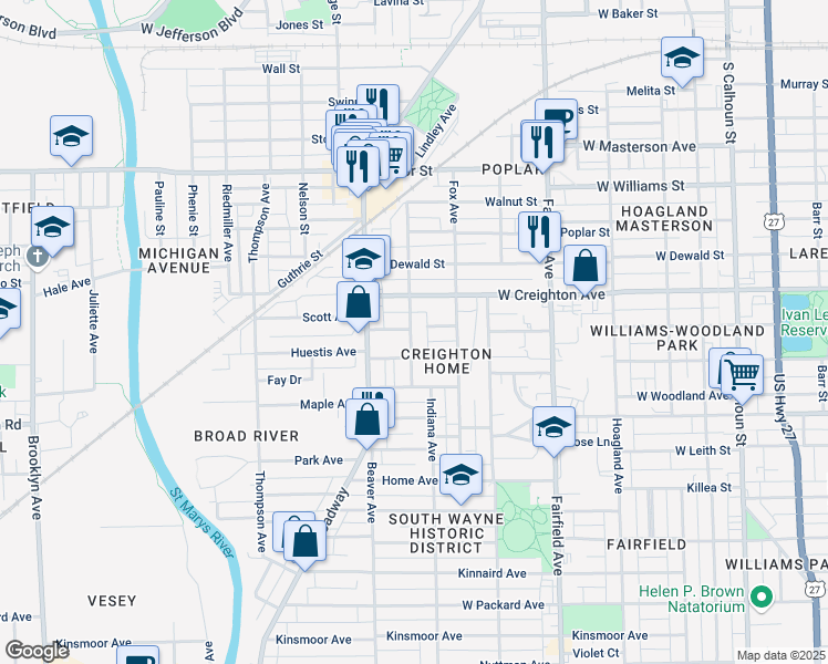 map of restaurants, bars, coffee shops, grocery stores, and more near 2429 Miner Street in Fort Wayne