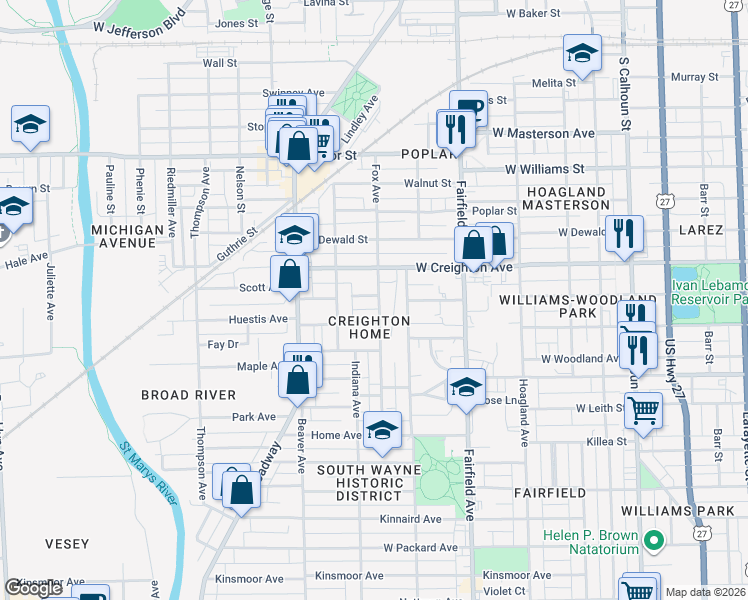 map of restaurants, bars, coffee shops, grocery stores, and more near 2406 Fox Avenue in Fort Wayne