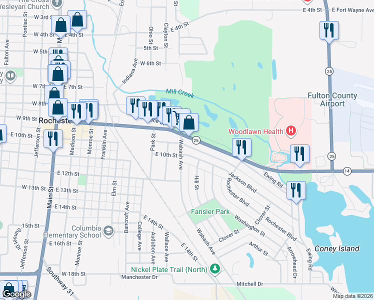 map of restaurants, bars, coffee shops, grocery stores, and more near 1001-1053 Wabash Ave in Rochester