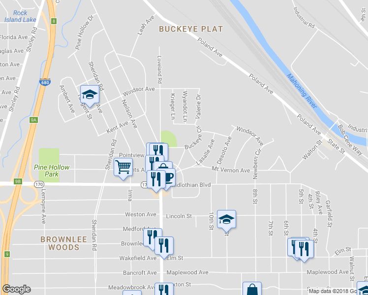 map of restaurants, bars, coffee shops, grocery stores, and more near 2148 Buckeye Circle in Youngstown