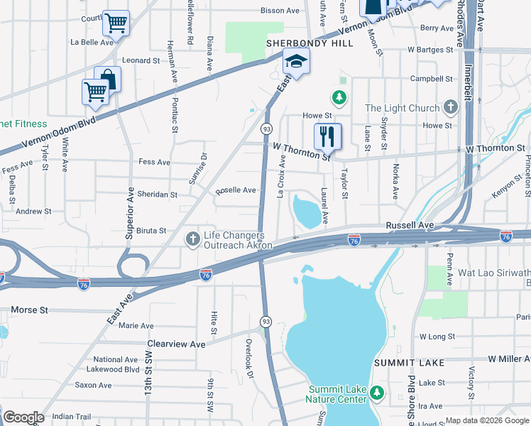 map of restaurants, bars, coffee shops, grocery stores, and more near 1343 Manchester Road in Akron