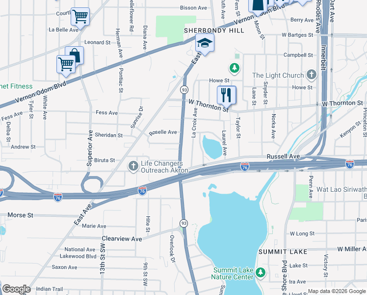 map of restaurants, bars, coffee shops, grocery stores, and more near 1343 Manchester Road in Akron