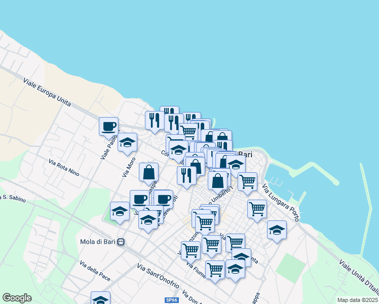 map of restaurants, bars, coffee shops, grocery stores, and more near Via Michelangelo Buonarroti in Mola di Bari