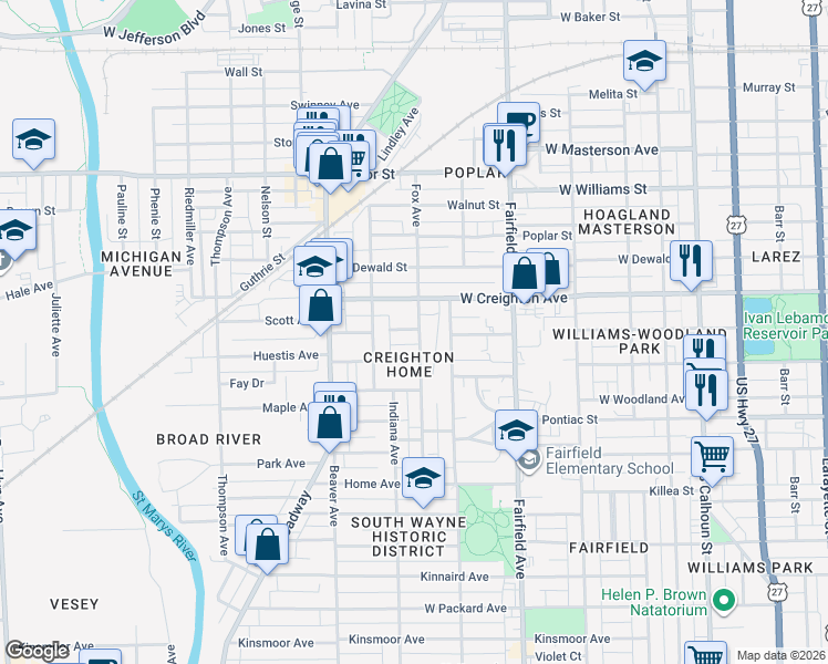 map of restaurants, bars, coffee shops, grocery stores, and more near in Fort Wayne