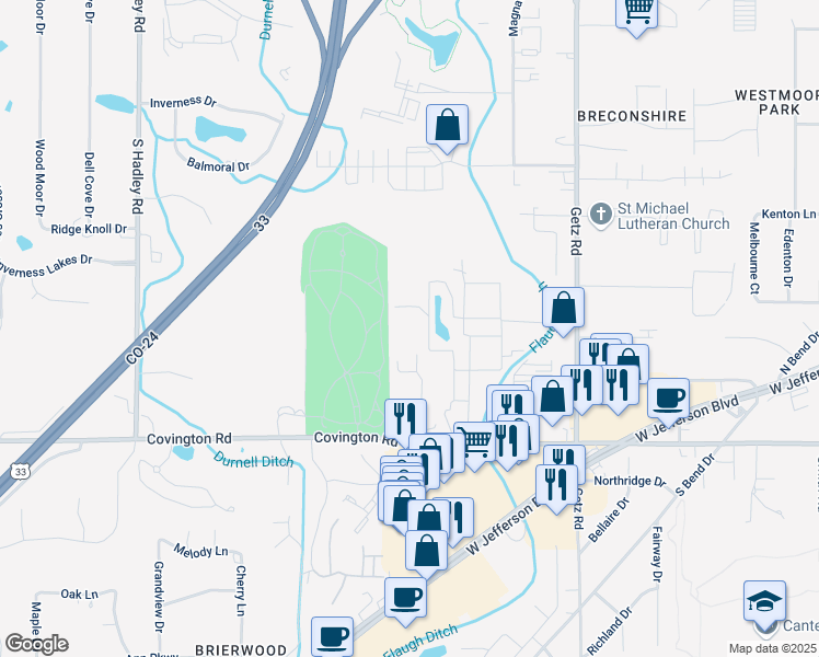 map of restaurants, bars, coffee shops, grocery stores, and more near 6510 Covington Road in Fort Wayne