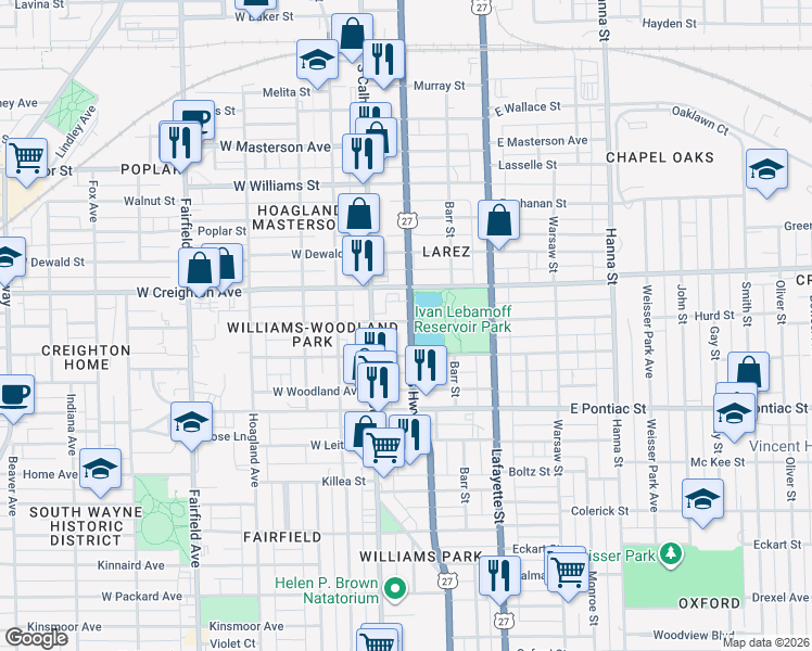 map of restaurants, bars, coffee shops, grocery stores, and more near 2404 South Clinton Street in Fort Wayne