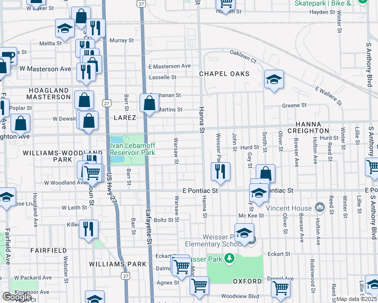map of restaurants, bars, coffee shops, grocery stores, and more near 526 East Taber Street in Fort Wayne