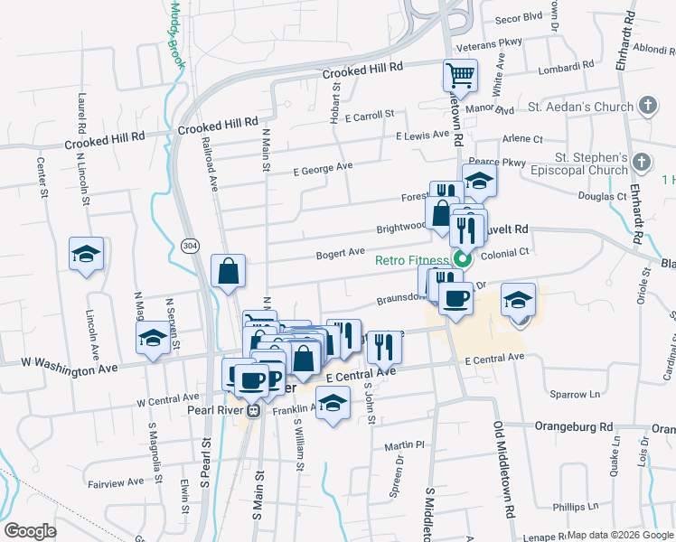 map of restaurants, bars, coffee shops, grocery stores, and more near 76 Hunt Avenue in Pearl River