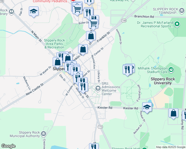 map of restaurants, bars, coffee shops, grocery stores, and more near 342 Normal Avenue in Slippery Rock