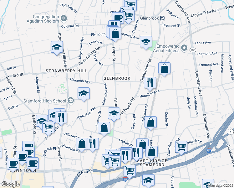 map of restaurants, bars, coffee shops, grocery stores, and more near 17 Hope Street in Stamford