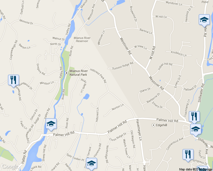 map of restaurants, bars, coffee shops, grocery stores, and more near 4 Hillcrest Lane in Greenwich