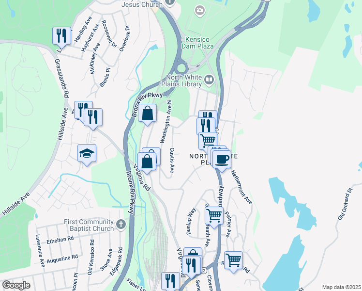map of restaurants, bars, coffee shops, grocery stores, and more near 34 Custis Avenue in White Plains