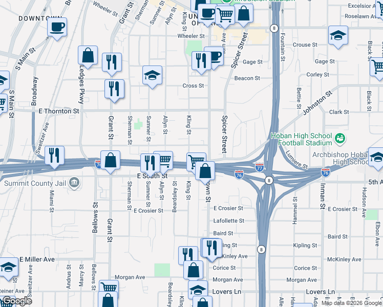 map of restaurants, bars, coffee shops, grocery stores, and more near 718 Kling Street in Akron