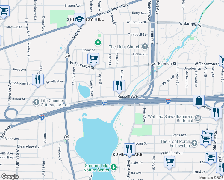 map of restaurants, bars, coffee shops, grocery stores, and more near 425 Russell Avenue in Akron