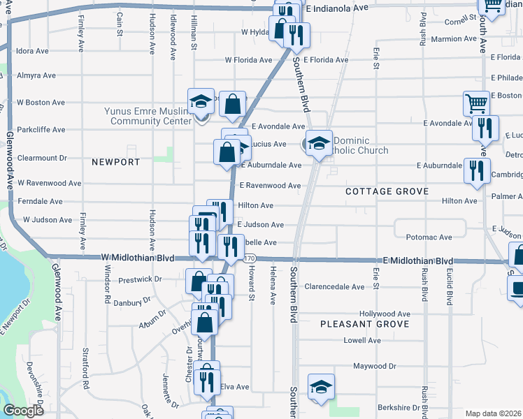 map of restaurants, bars, coffee shops, grocery stores, and more near 46 East Judson Avenue in Youngstown