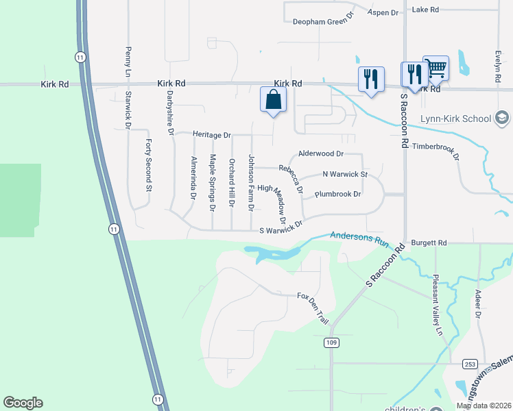 map of restaurants, bars, coffee shops, grocery stores, and more near 3683 Johnson Farm Drive in Canfield