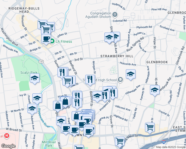 map of restaurants, bars, coffee shops, grocery stores, and more near 111 Morgan Street in Stamford