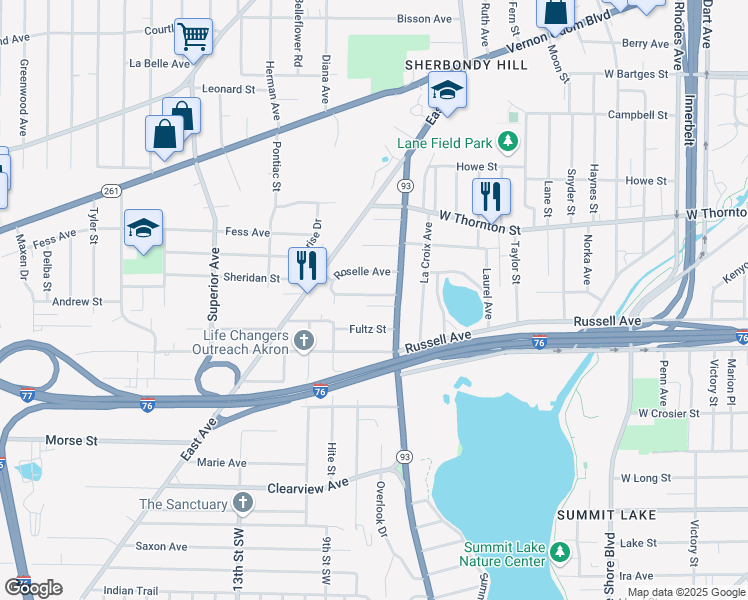 map of restaurants, bars, coffee shops, grocery stores, and more near 700 Longview Avenue in Akron