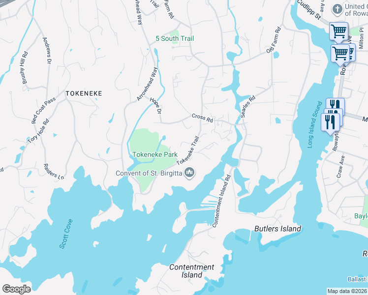 map of restaurants, bars, coffee shops, grocery stores, and more near 18 Tokeneke Trail in Darien