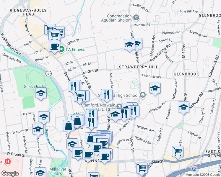 map of restaurants, bars, coffee shops, grocery stores, and more near 111 Morgan Street in Stamford