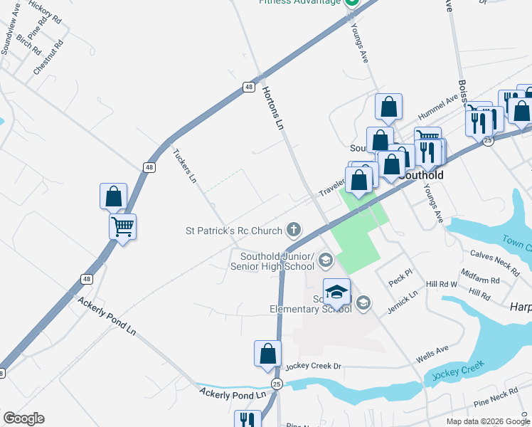 map of restaurants, bars, coffee shops, grocery stores, and more near 52125 Rte 25 in Southold