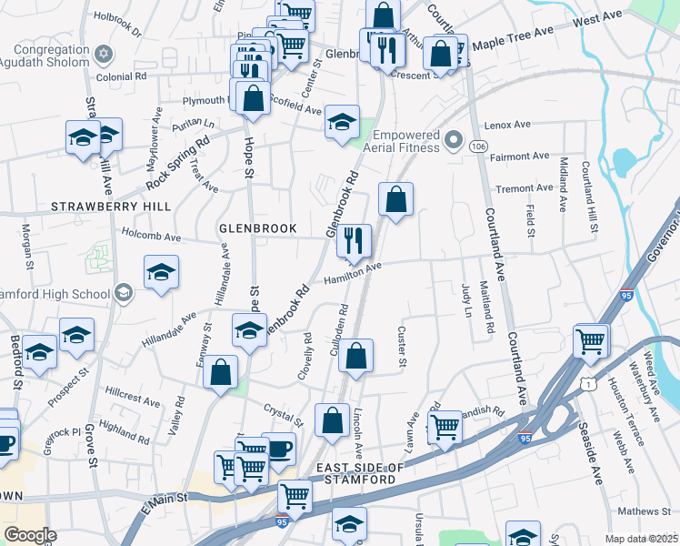 map of restaurants, bars, coffee shops, grocery stores, and more near 34 Hamilton Avenue in Stamford