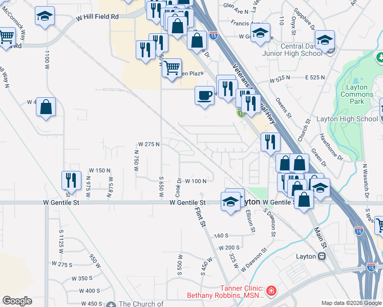 map of restaurants, bars, coffee shops, grocery stores, and more near 529 West 230 North in Layton