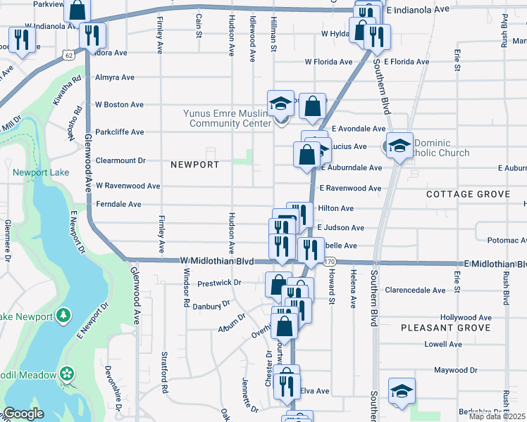 map of restaurants, bars, coffee shops, grocery stores, and more near 3512 Hillman Street in Youngstown