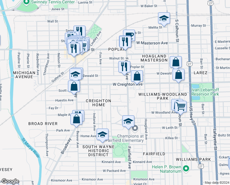 map of restaurants, bars, coffee shops, grocery stores, and more near 546 Pierce Avenue in Fort Wayne