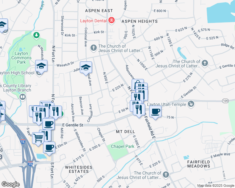 map of restaurants, bars, coffee shops, grocery stores, and more near 187 North 850 East in Layton