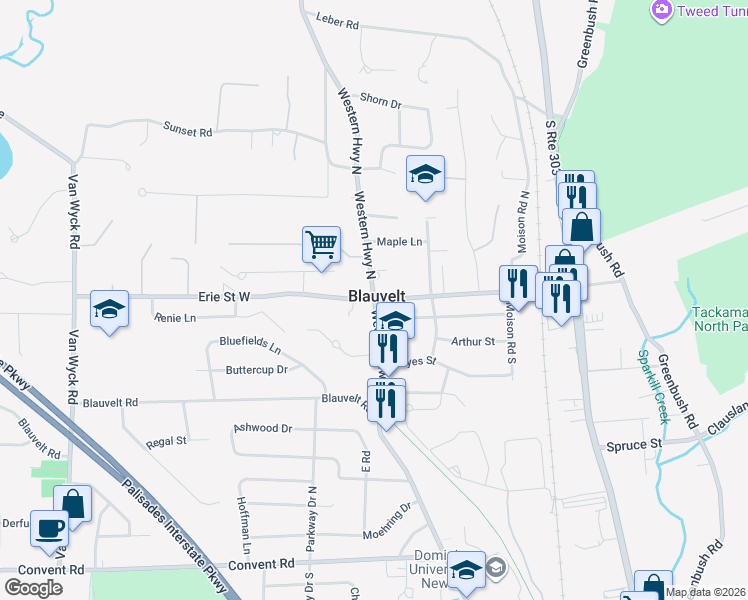 map of restaurants, bars, coffee shops, grocery stores, and more near 638 Western Highway South in Blauvelt