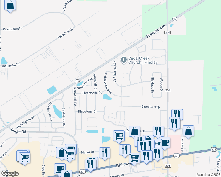 map of restaurants, bars, coffee shops, grocery stores, and more near 2000 Stonehedge Drive in Findlay