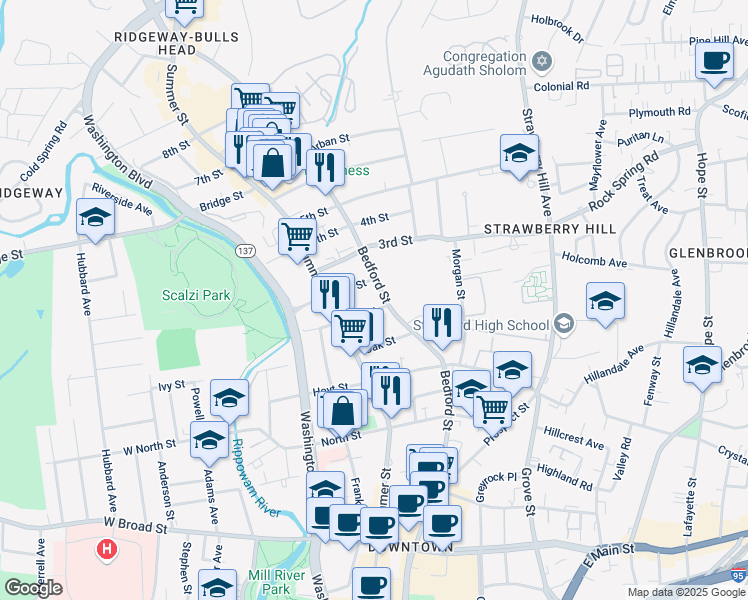 map of restaurants, bars, coffee shops, grocery stores, and more near 1435 Bedford Street in Stamford
