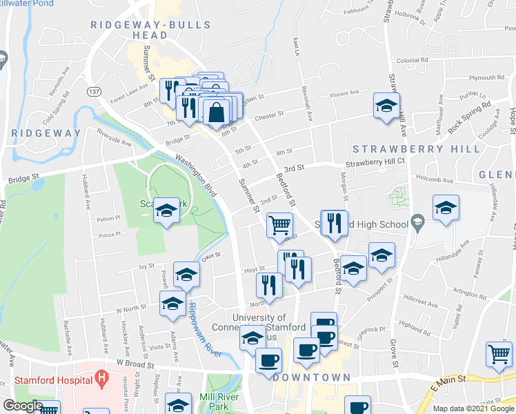 map of restaurants, bars, coffee shops, grocery stores, and more near 20 2nd Street in Stamford