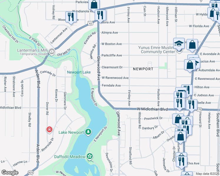 map of restaurants, bars, coffee shops, grocery stores, and more near 604 Ferndale Avenue in Youngstown